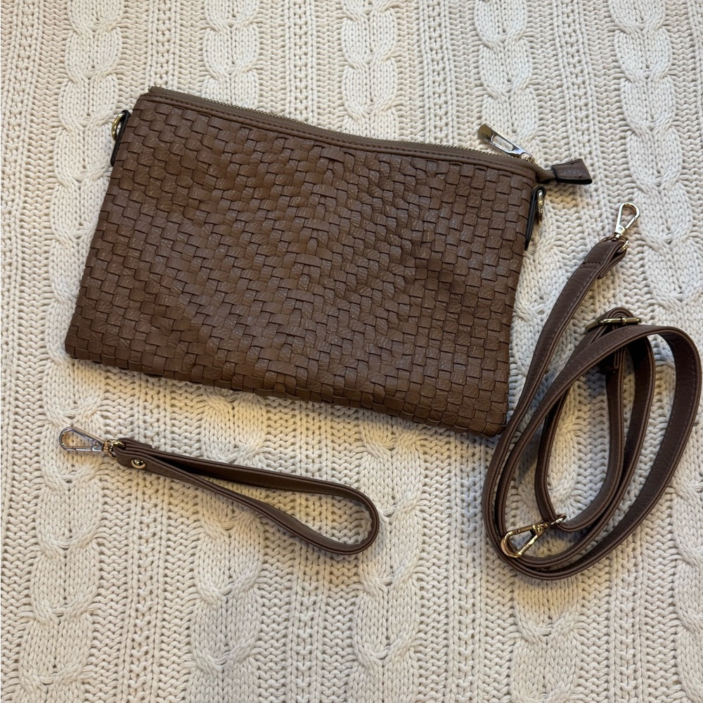 Elegant Tan Woven Clutch - has long strap or wristlet strap included